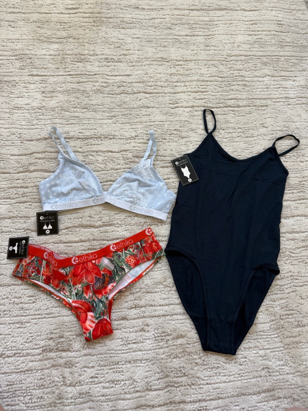 Ethika Set of 3: Women's Ice Paisley Triangle Bra, Floral Cheeky, Navy Bodysuit